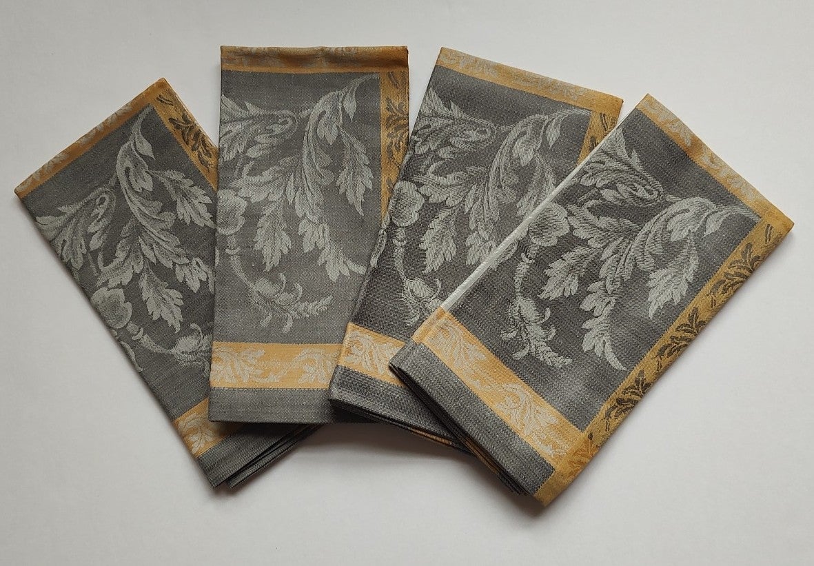 Williams Sonoma Villa 4 Napkins Jacquard Grey Beige Yellow Cotton Linen Floral