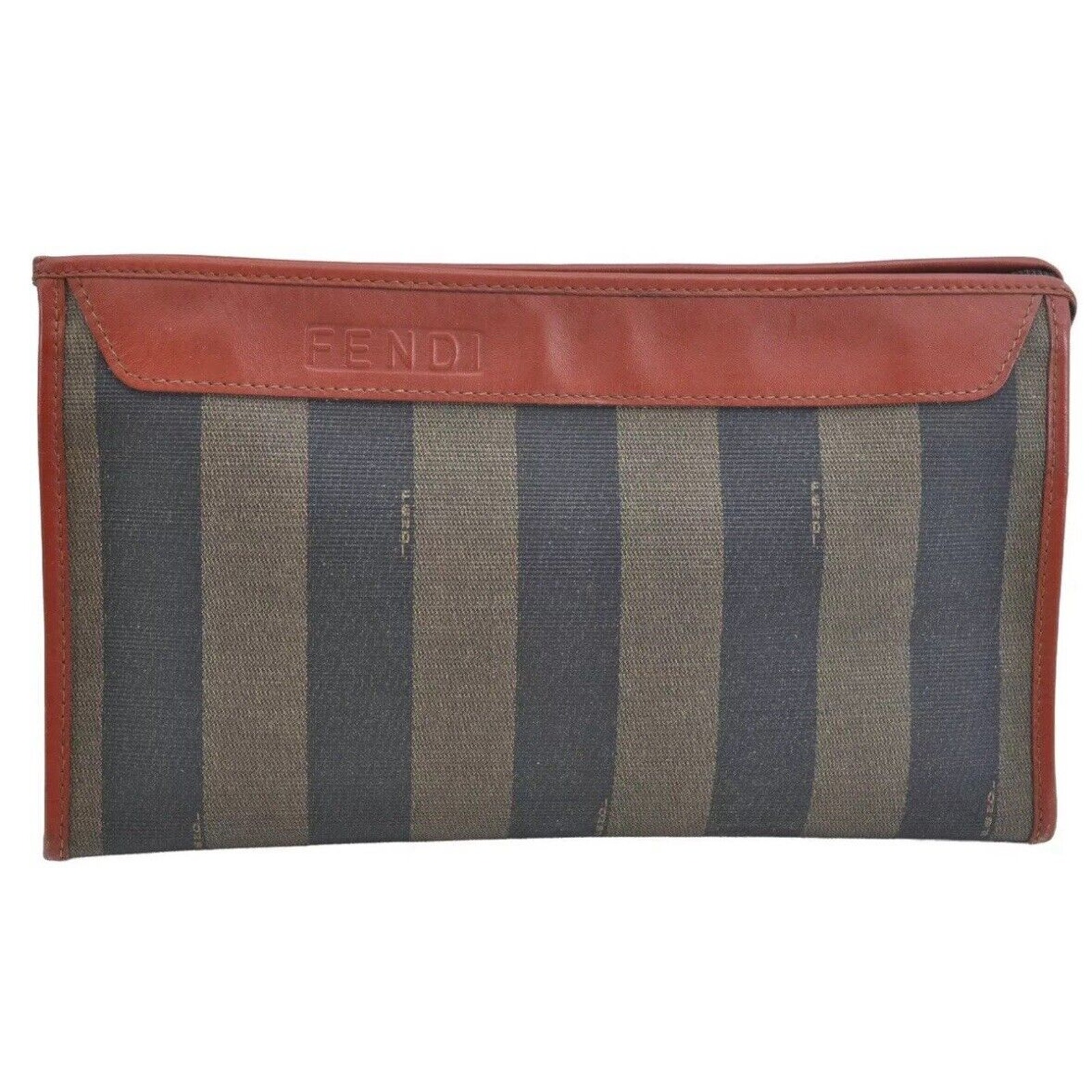 Authentic FENDI Pequin Clutch Hand Bag Purse PVC Leather Brown Black K9672