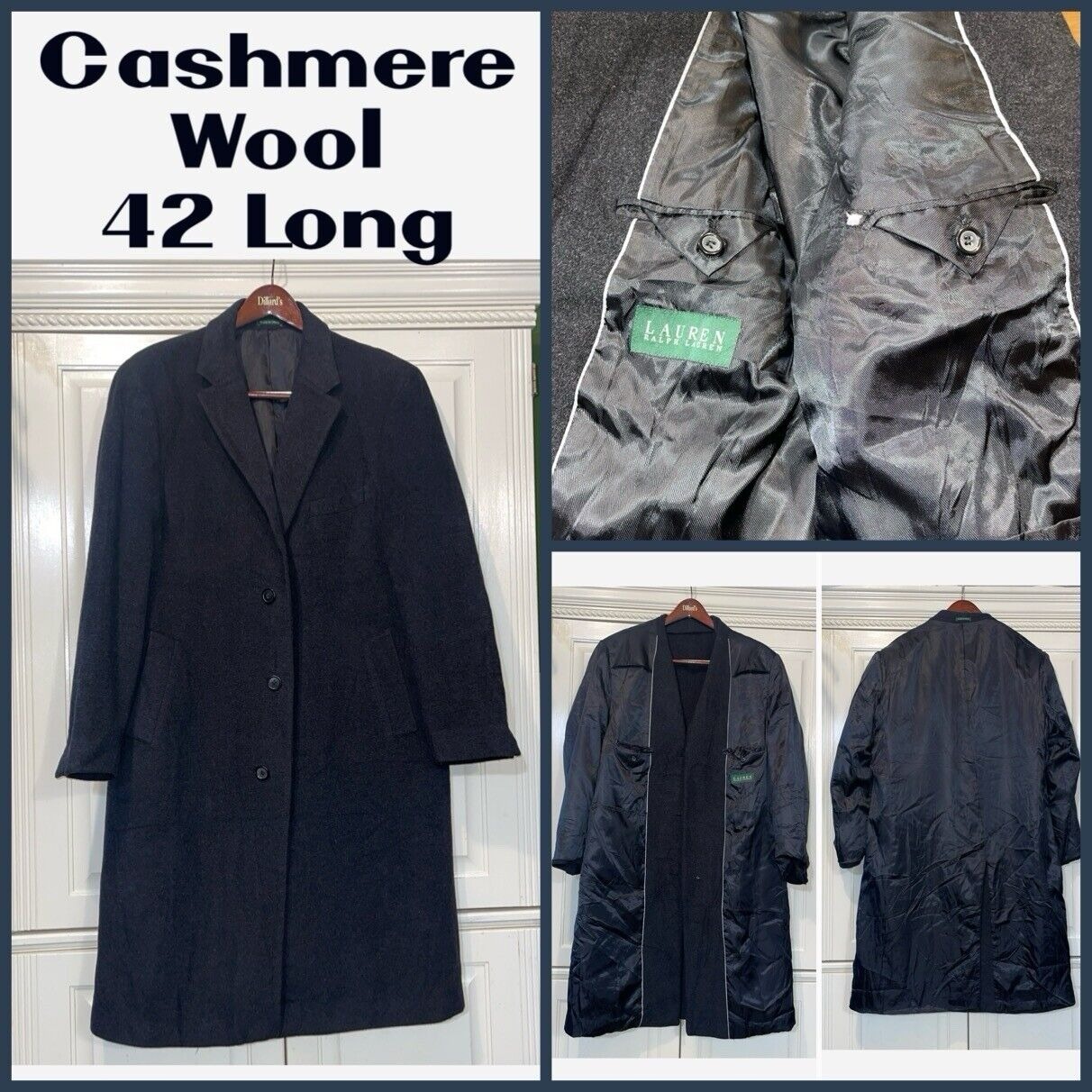 Lauren Ralph Lauren Coat Men 42L Black Trench Recycled Cashmere Wool Old Money