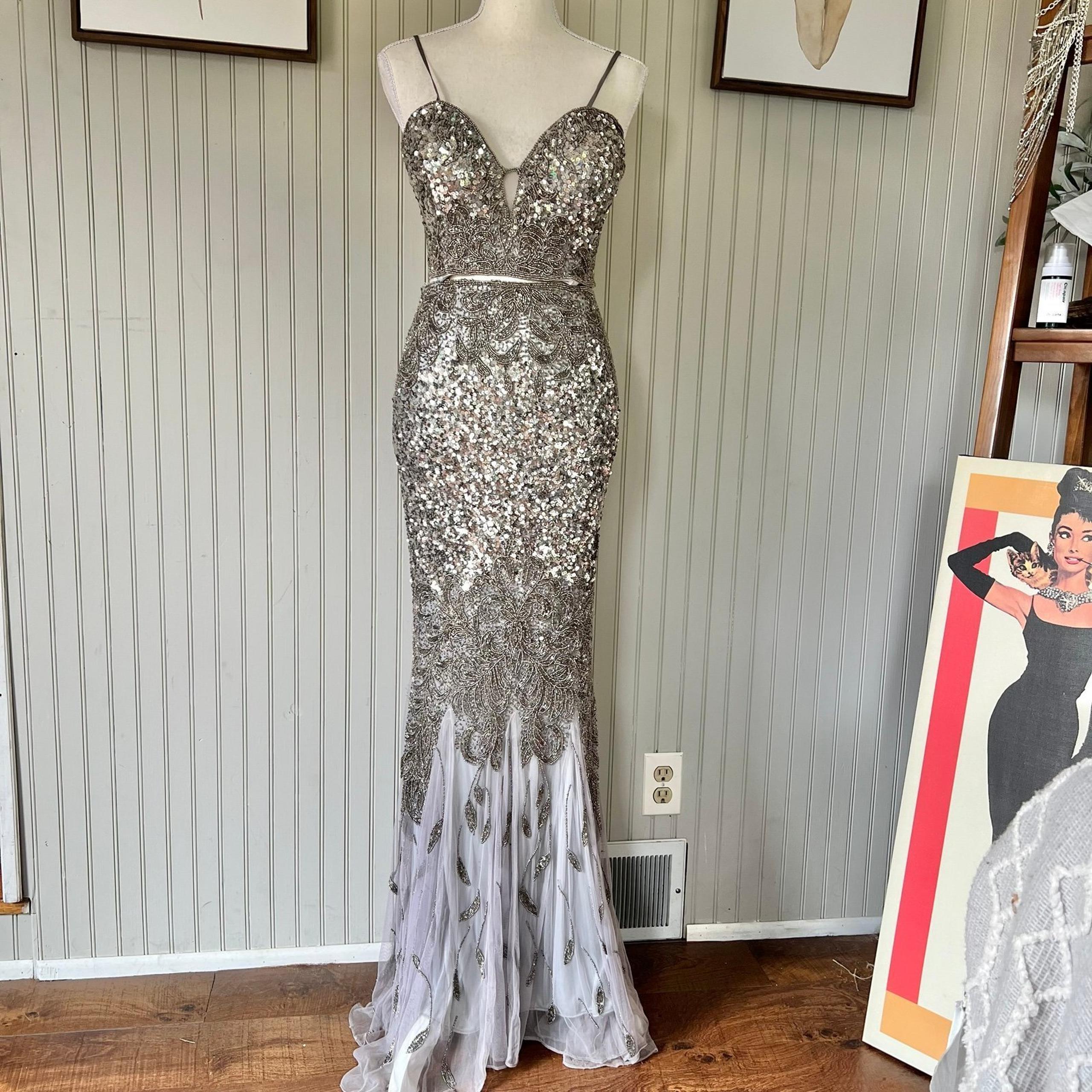 Primavera 2 Piece Silver Sequins Corset Fishtail Gown Party Dress