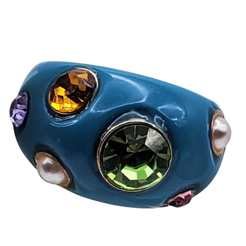Blue Resin Dome Ring Faux Pearl Multicolor Crystals Size 8 Acrylic Teal Chunky