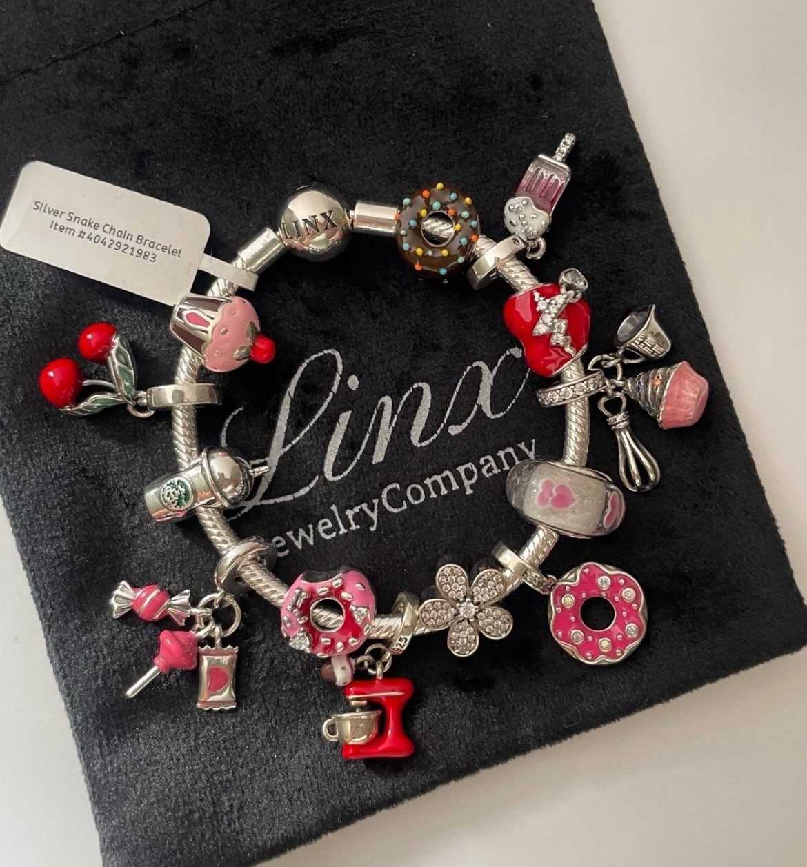 Linx Snake Chain Bracelet with Hearts and Sweets Themed Charms
