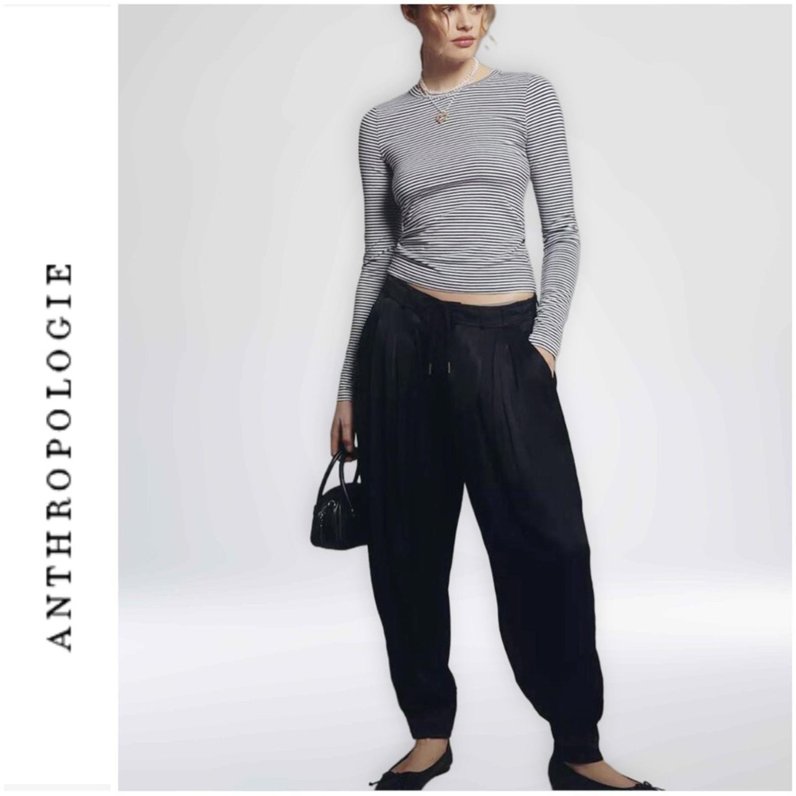 NWT ANTHROPOLOGIE | SZ M | Silky Cuffed Black Barrel Pants