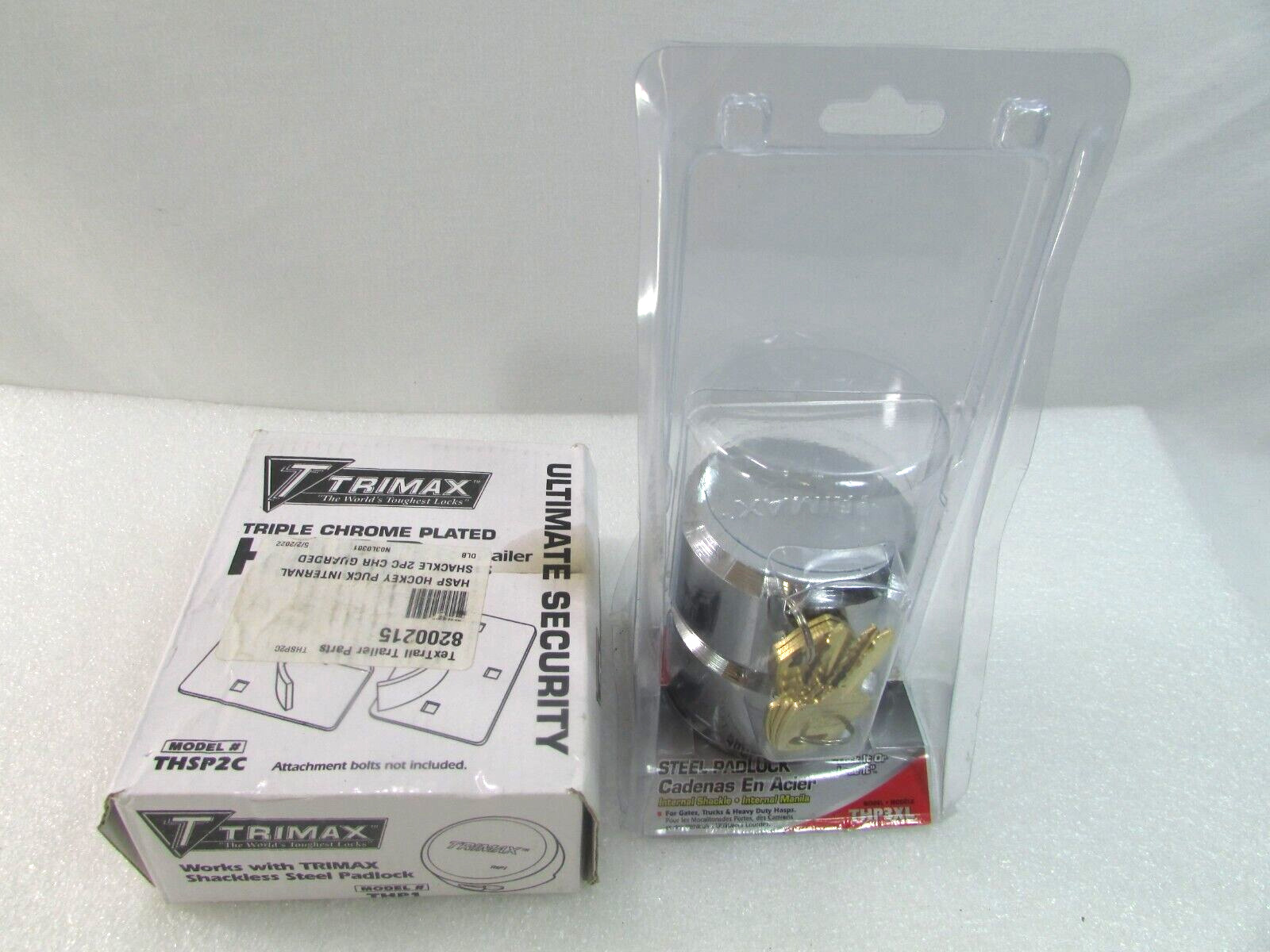 2 Trimax THP3XL Hockey Puck Style PadLocks & 1 Trimax Hasp Model THSP2C - NOB