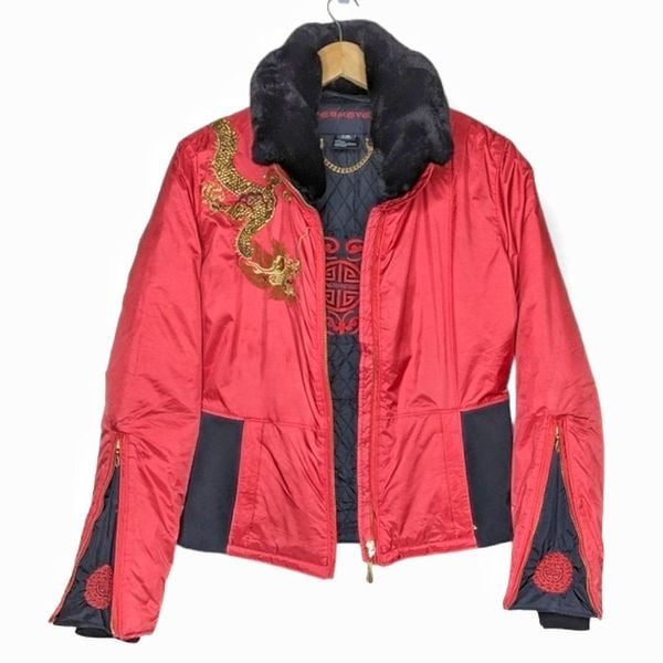Vintage Y2K Obermeyer Embroidered Dragon Ski Jacket Red Black Gold M