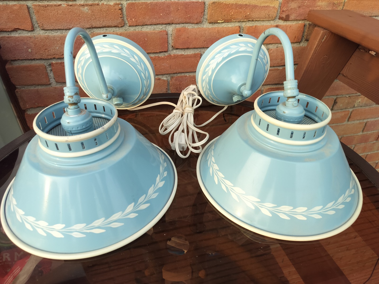 Vintage toleware light wall sconce lamps light blue pair