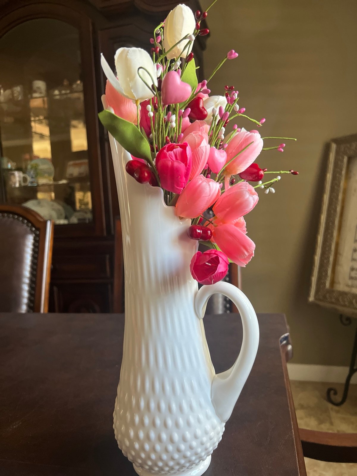 Fenton Hobnail 16 finger Milk Glass Vase with handle
