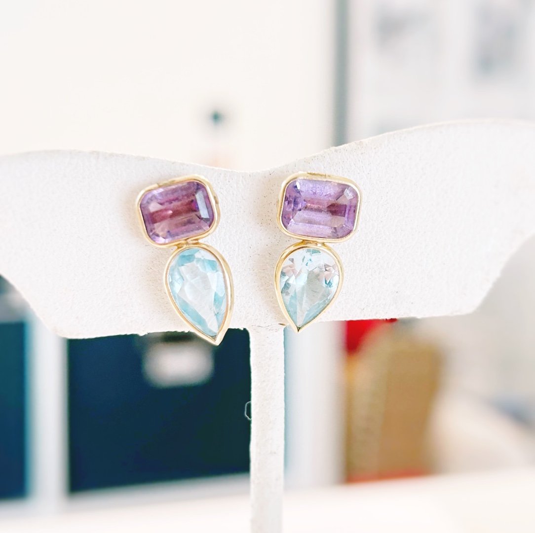 MR 14K Yellow Gold Purple Amethyst Blue Topaz Modern Earrings 2.34G