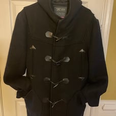 JORDAN CRAIG BLACK WOOL BLENDED BODY & POLYESTER LINING HOODED COAT SZ L. FRONT