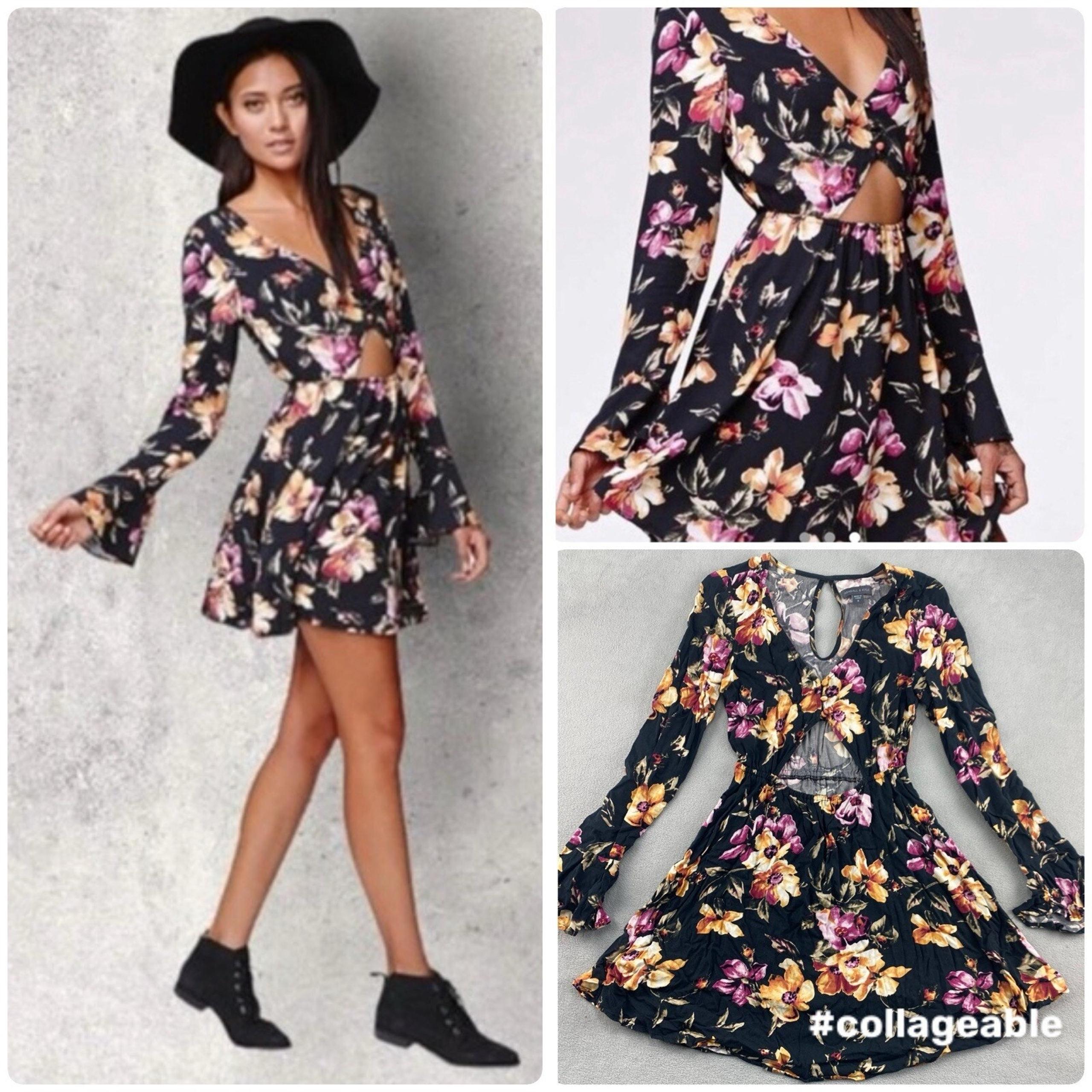 Kendall & Kylie Women's Floral Mini Dress Size S Cut Out Long Bell Sleeves