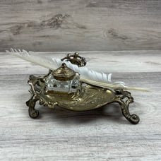 Vintage Solid Brass & Glass Inkwell Victorian Style With Feather Quill