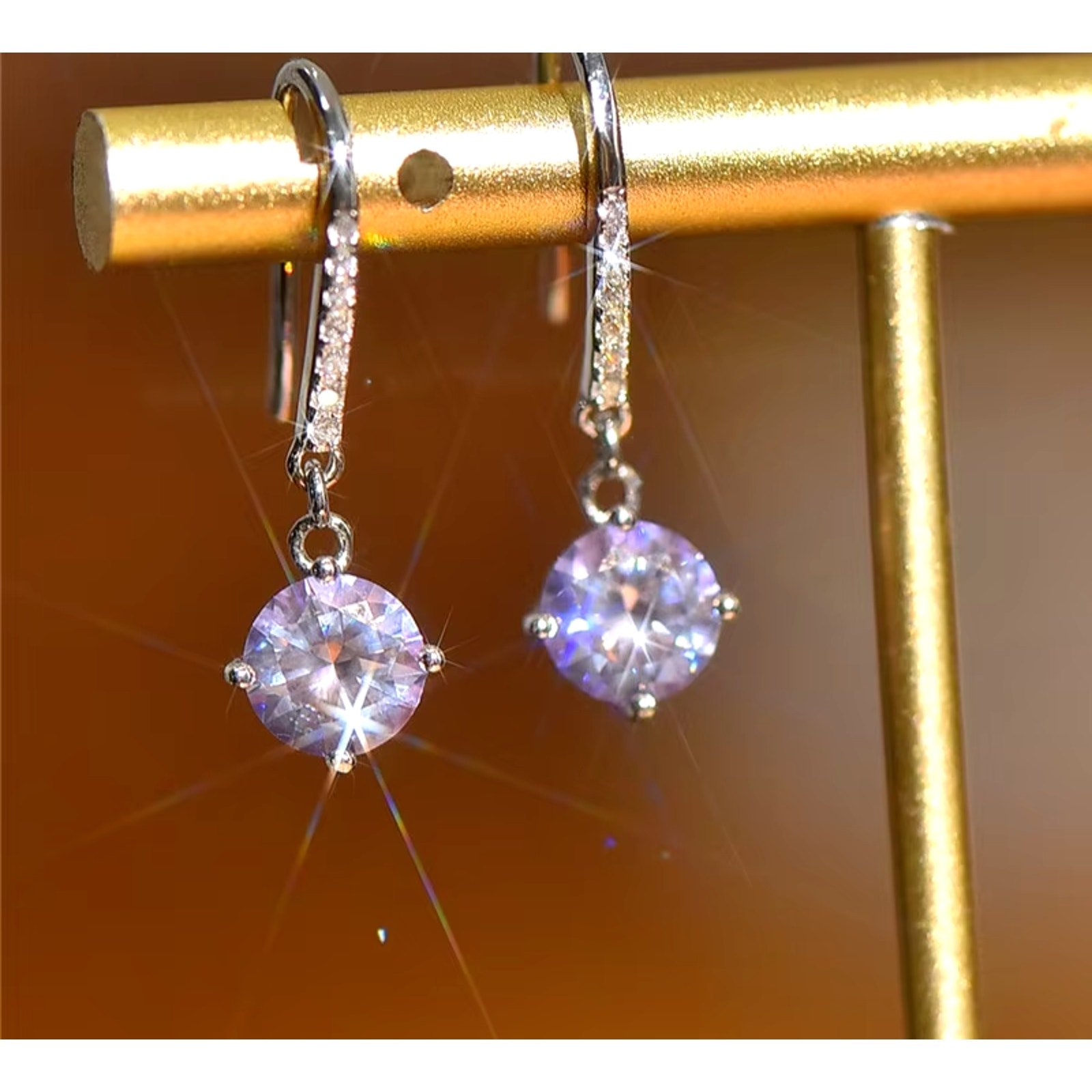 VVS1 Round Brilliant Cut Purple Moissanite Dangle Earrings, Purple Moissanite