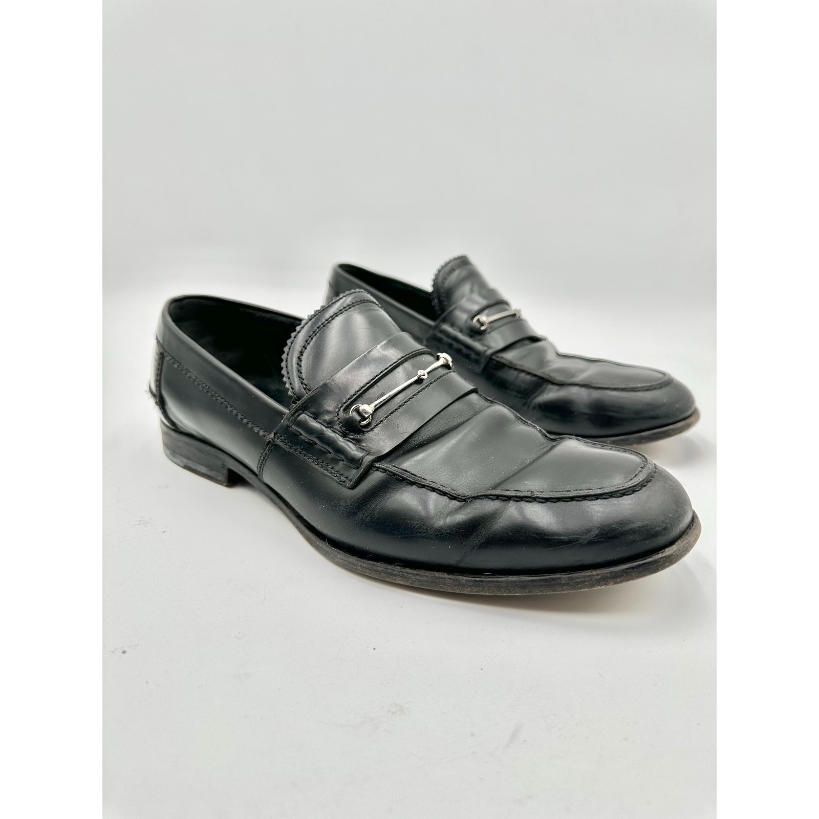 Gucci Men's Black Leather Slip On Horsebit Loafers Size 10