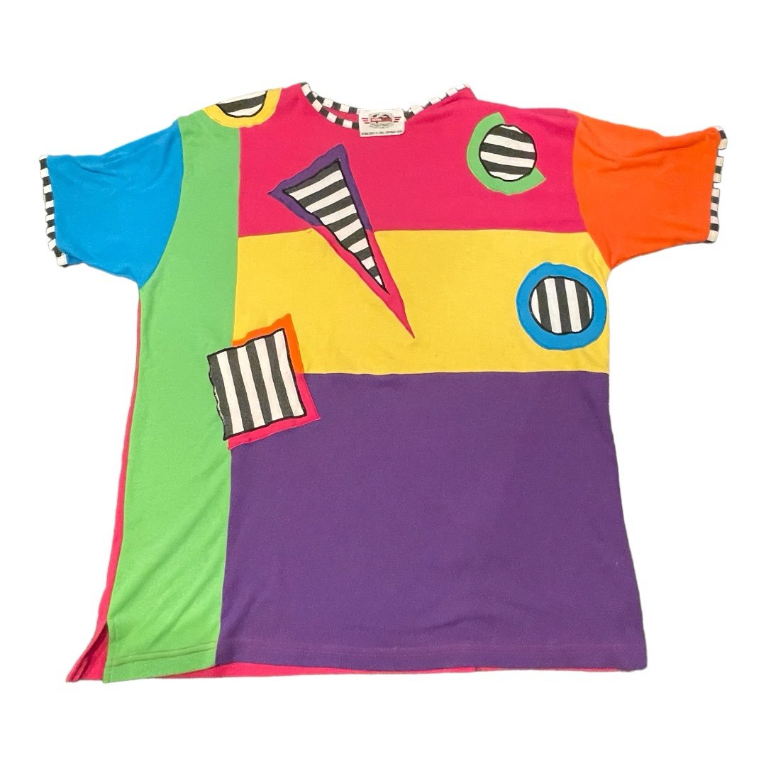 Vtg 80s International Sports Co. Geometric Neon Colorblock Tunic T-Shirt One Sz