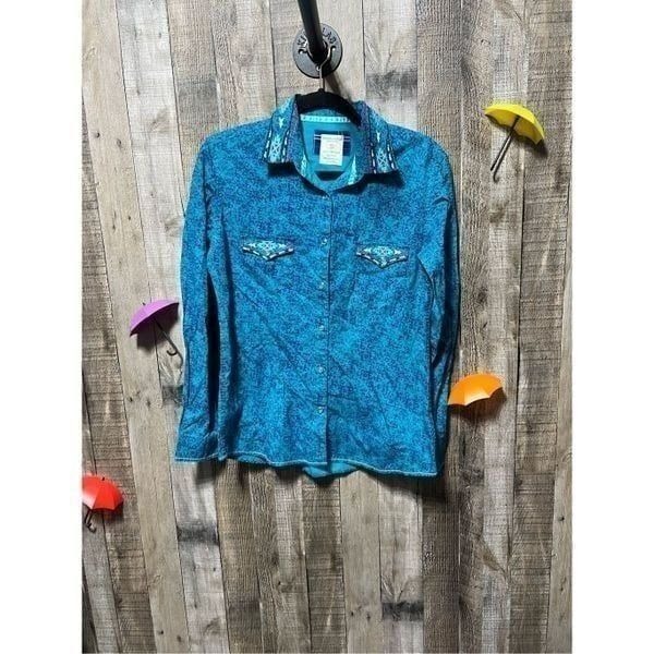Panhandle Slim Blue All Over Print Embroidered Pearl Snap Western Shirt