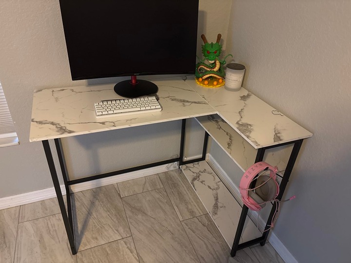 43 L Shaped Computer Desk with Reversible Side Storage Shelves, White Marble