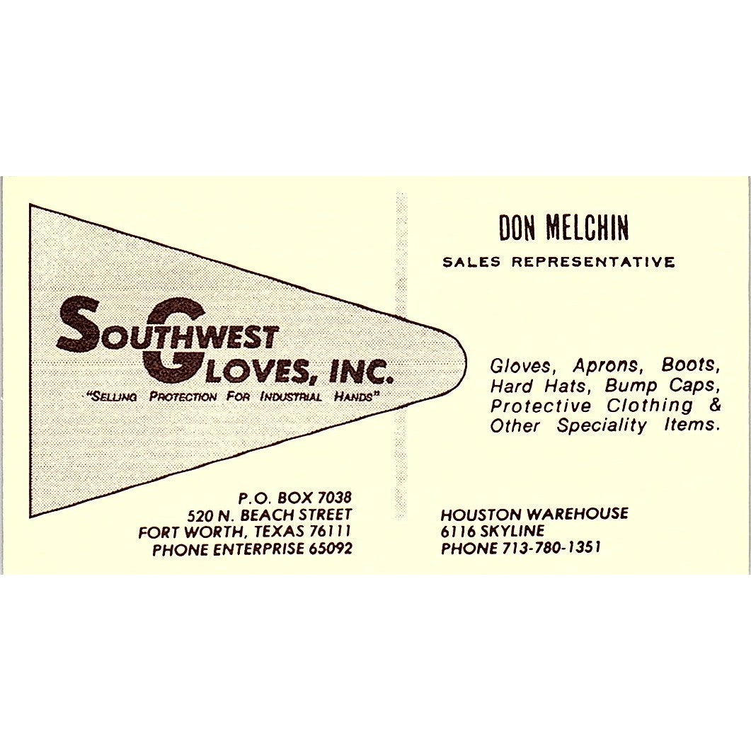 Don Melchin Southwest Gloves Inc Fort Worth TX Vintage Business Card SC9-B13