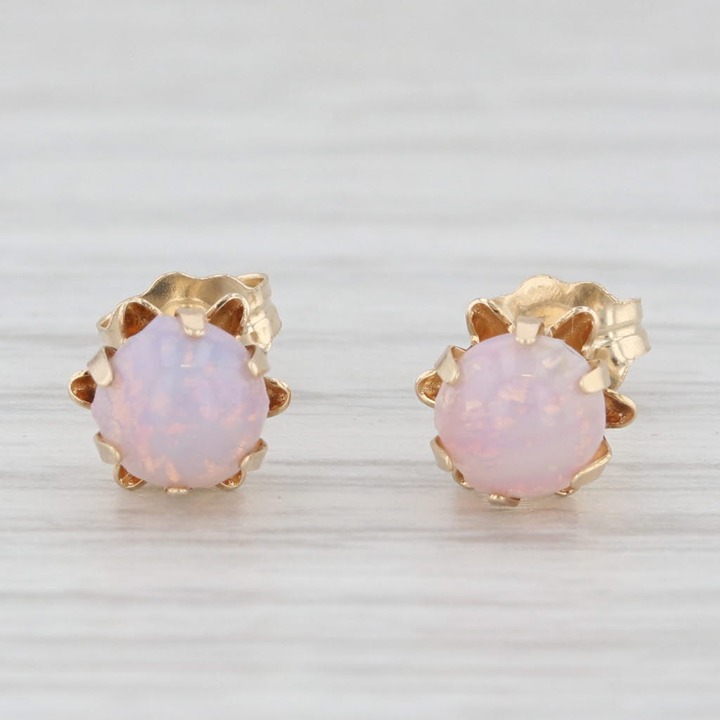 Simulated Opal Glass Buttercup Stud Earrings 14k Gold Round Solitaire Cabochons