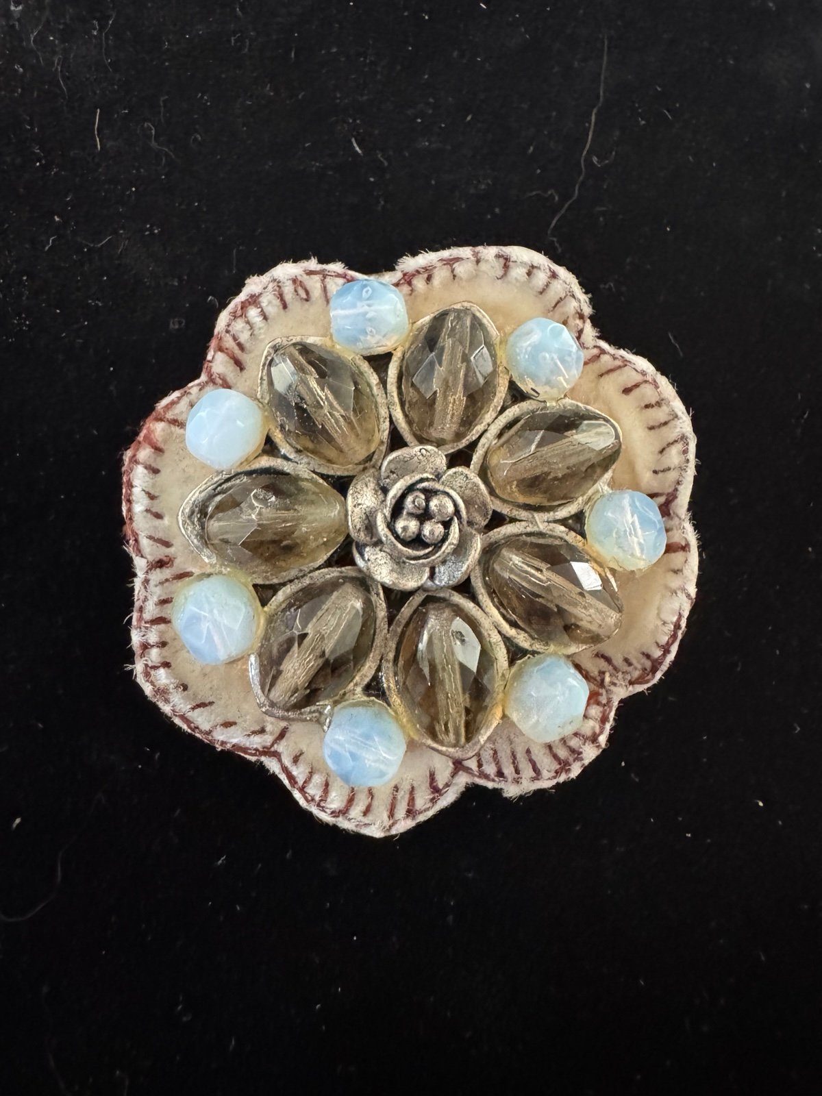 Gray and Opalescent Beaded Floral Elements Brooch By Jill Schwartz