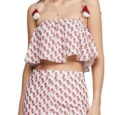 Kos Resort Floral Print Tassel Crop Top, Size Medium Red/White