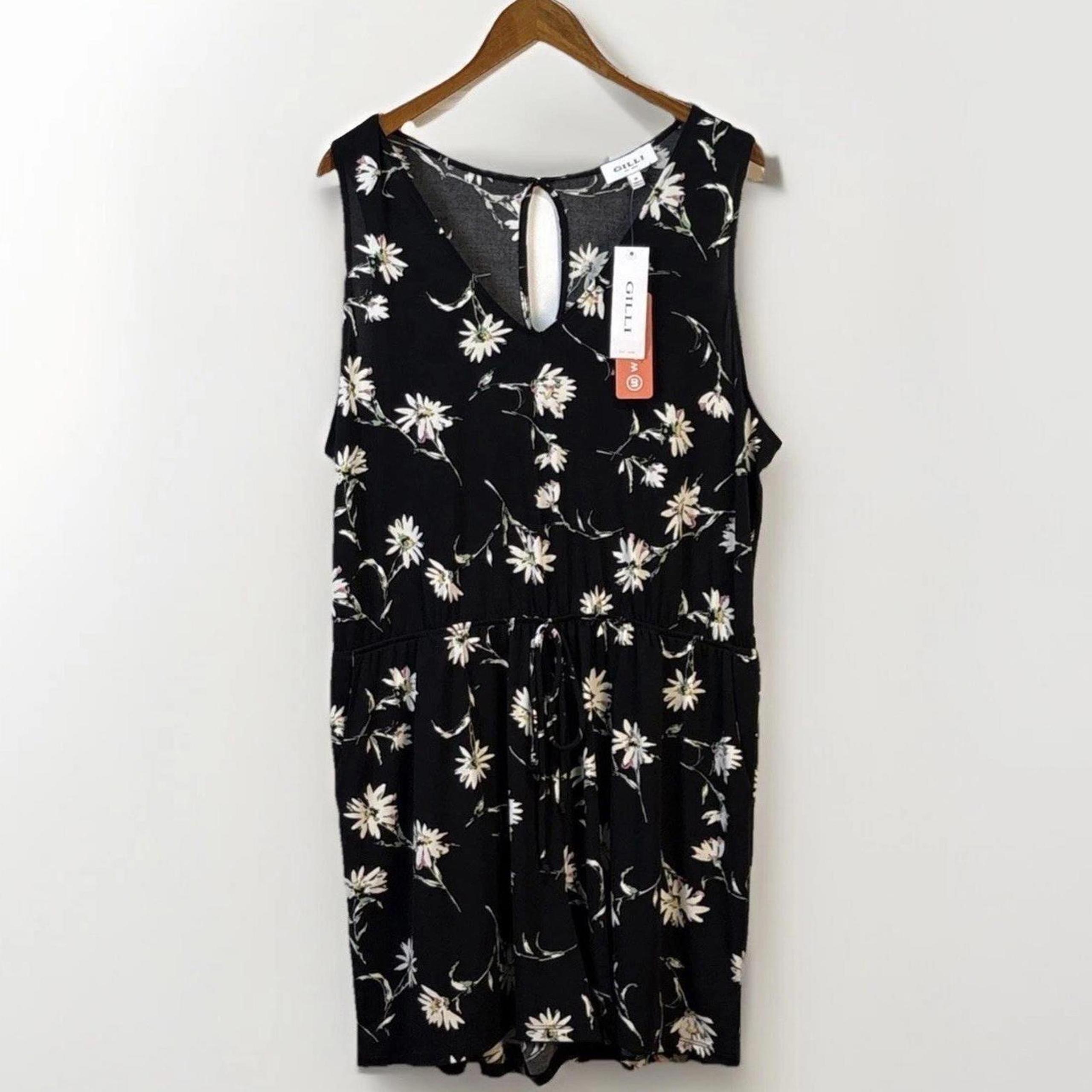 Gilli Womens Plus Size Black Floral Sleeveless Romper 1X Stretch Travel Festival
