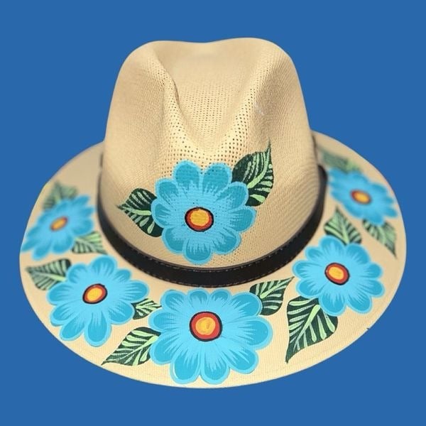 Hand Painted Panama Hat Floral Straw Hat Size Large