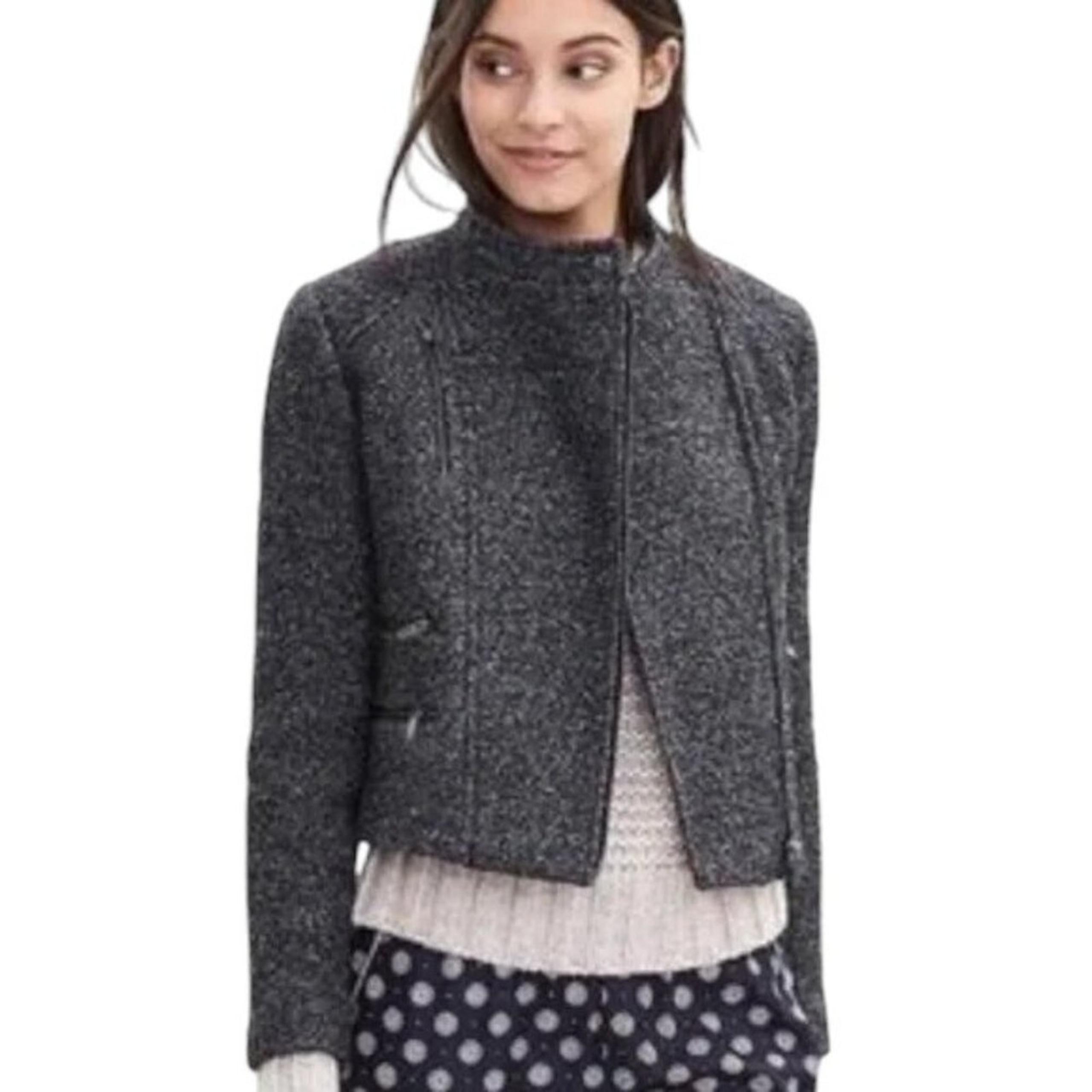 BANANA REPUBLIC Wool Blend Boucle Knit Moto Jacket in Charcoal WOMEN'S 12 PETITE