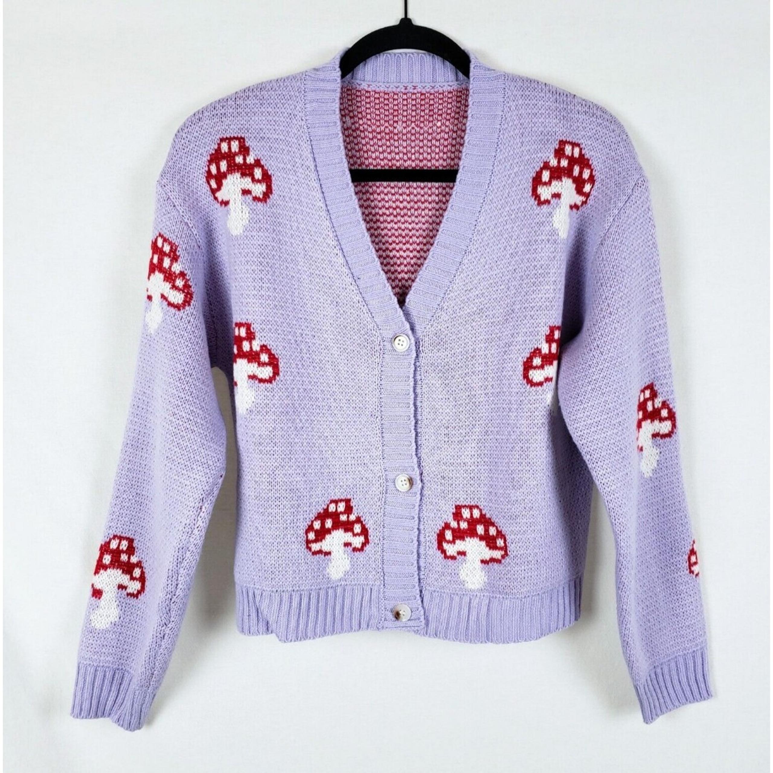 Shein Mushroom Sweater Button Cardigan Womens Small Purple V-Neck