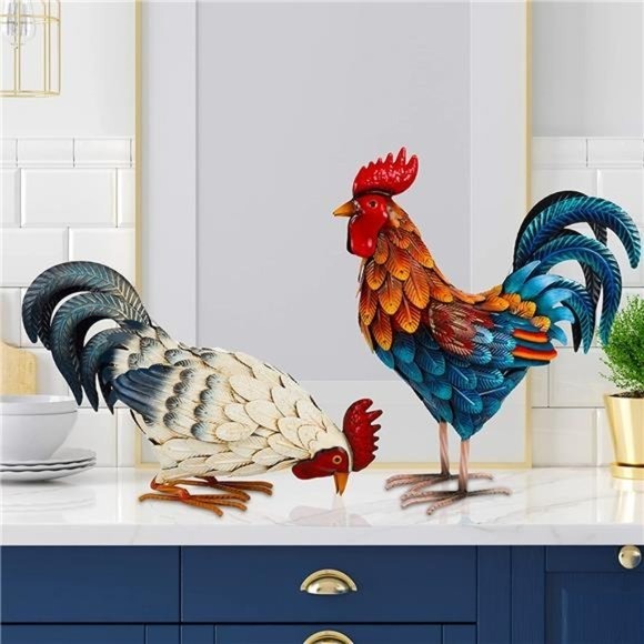 Metal Rooster Statues, Outdoor Garden Statues, Metal Chicken Decor
