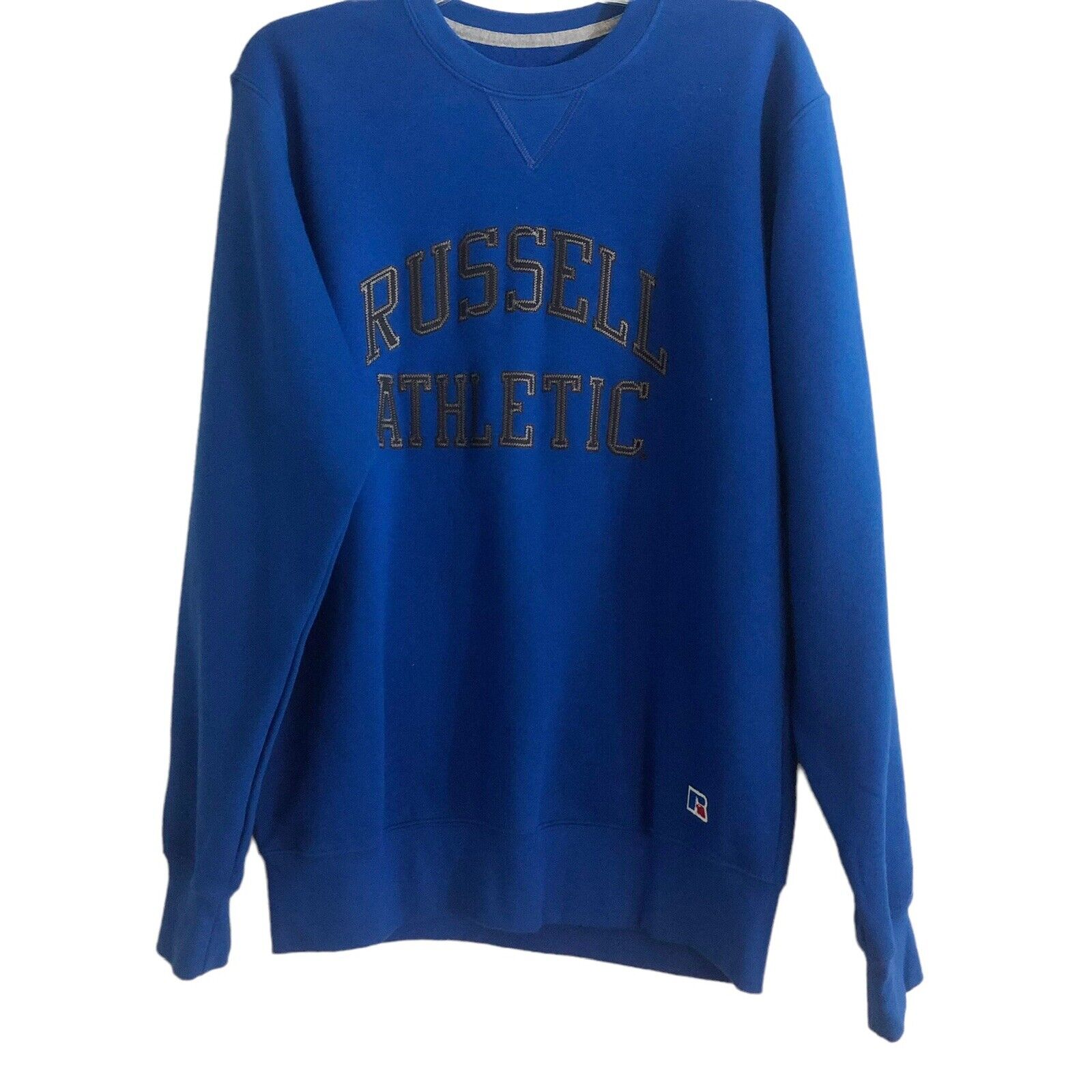 Vintage Russell Sweatshirt Mens Medium Blue Spellout Sweater 80s Cotton Blend