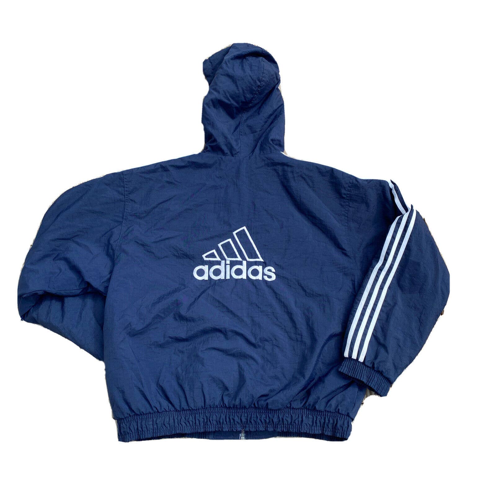 Adidas Windbreaker Jacket Vintage Puffy 1990s Blue Stripe Hood Zip Up