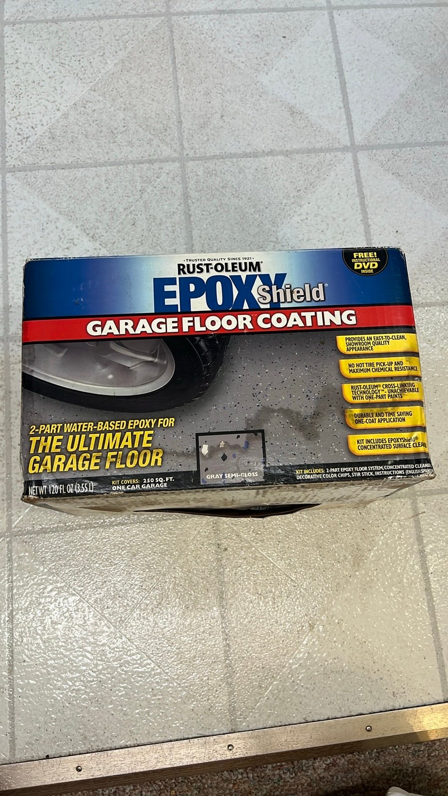 Rust-Oleum 203005 Garage Floor Kit, Gray. Hasn’t been opened but box is damaged