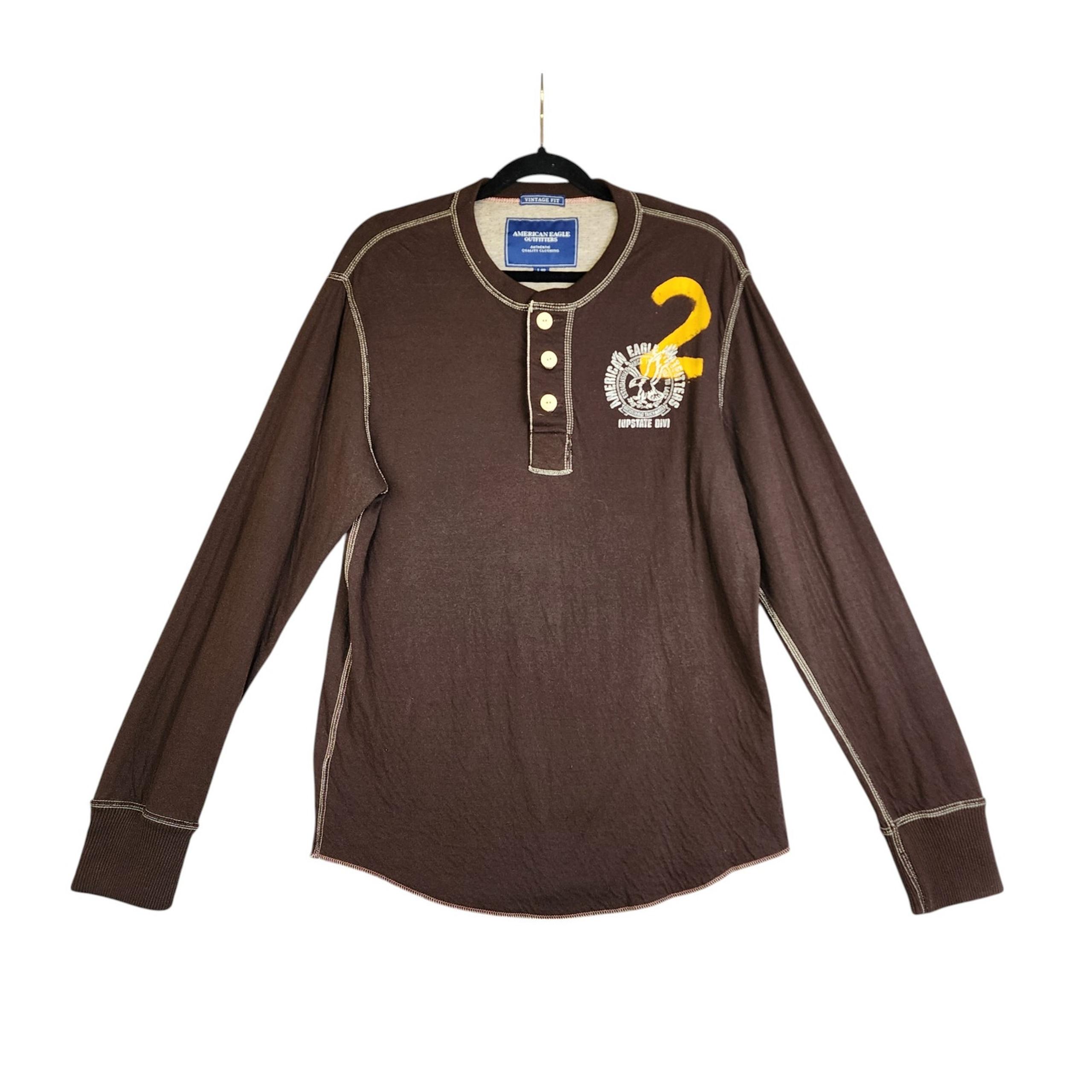 American Eagle Mens Vintage Fit Henley Shirt Size Large Brown Y2K Long Sleeve