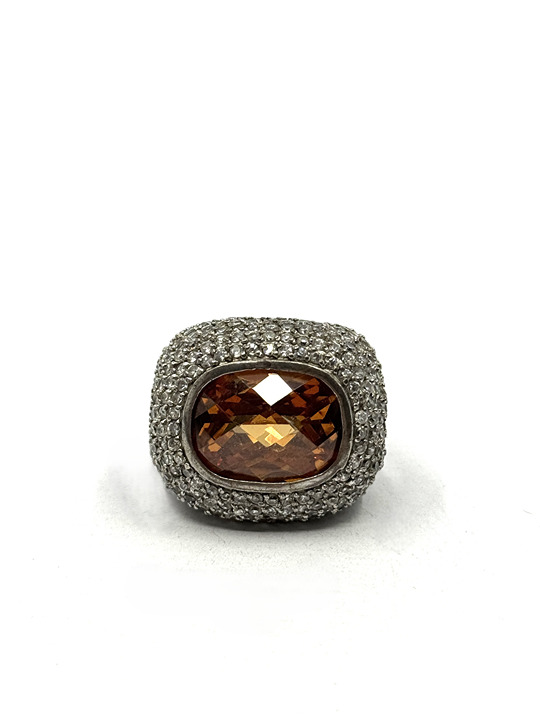 Silver sterling ring with zircon diamond and orange stone ring