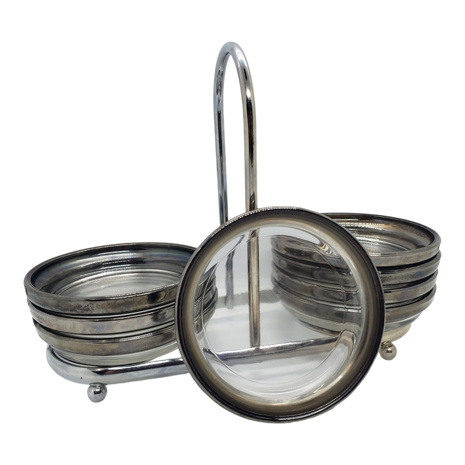 Vintage MCM Silver Platinum Fade Coasters Set in Holder 8ct Round Mercury Glass