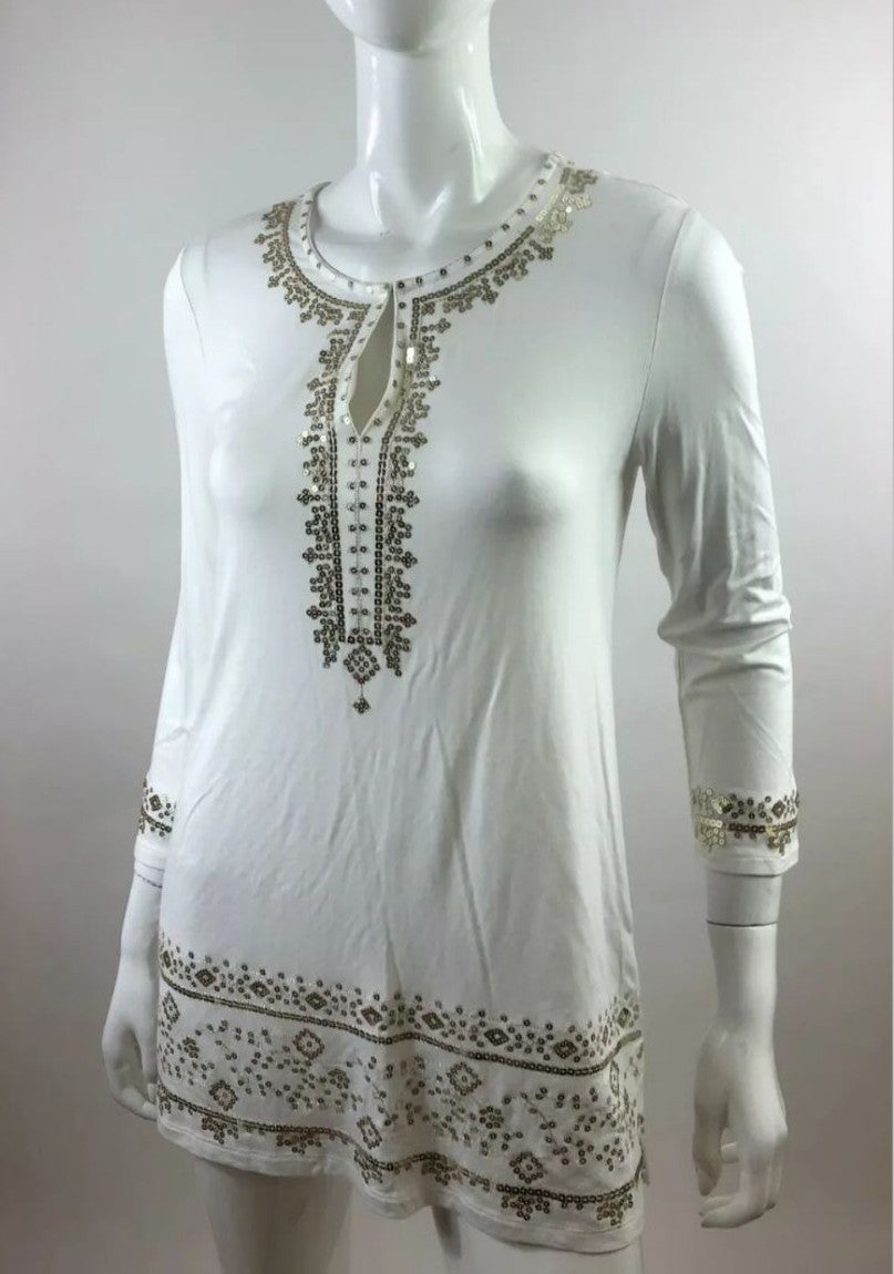 Joan Vass White Sequin Detail V-Neck Tun
