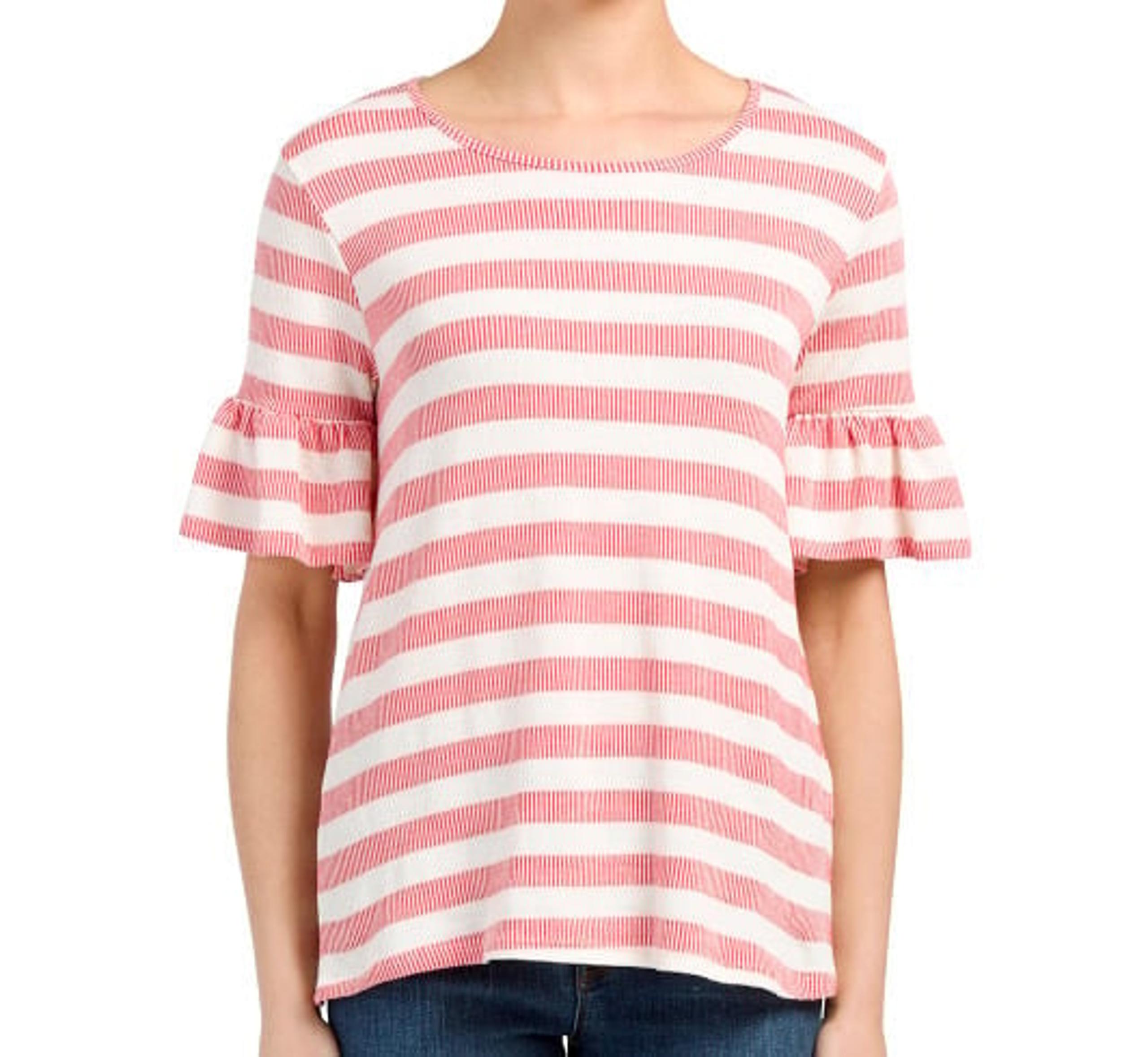 Pleione Striped Sweater Knit Top L Ruffled Elbow Sleeve Red Cream USA NWT Nice