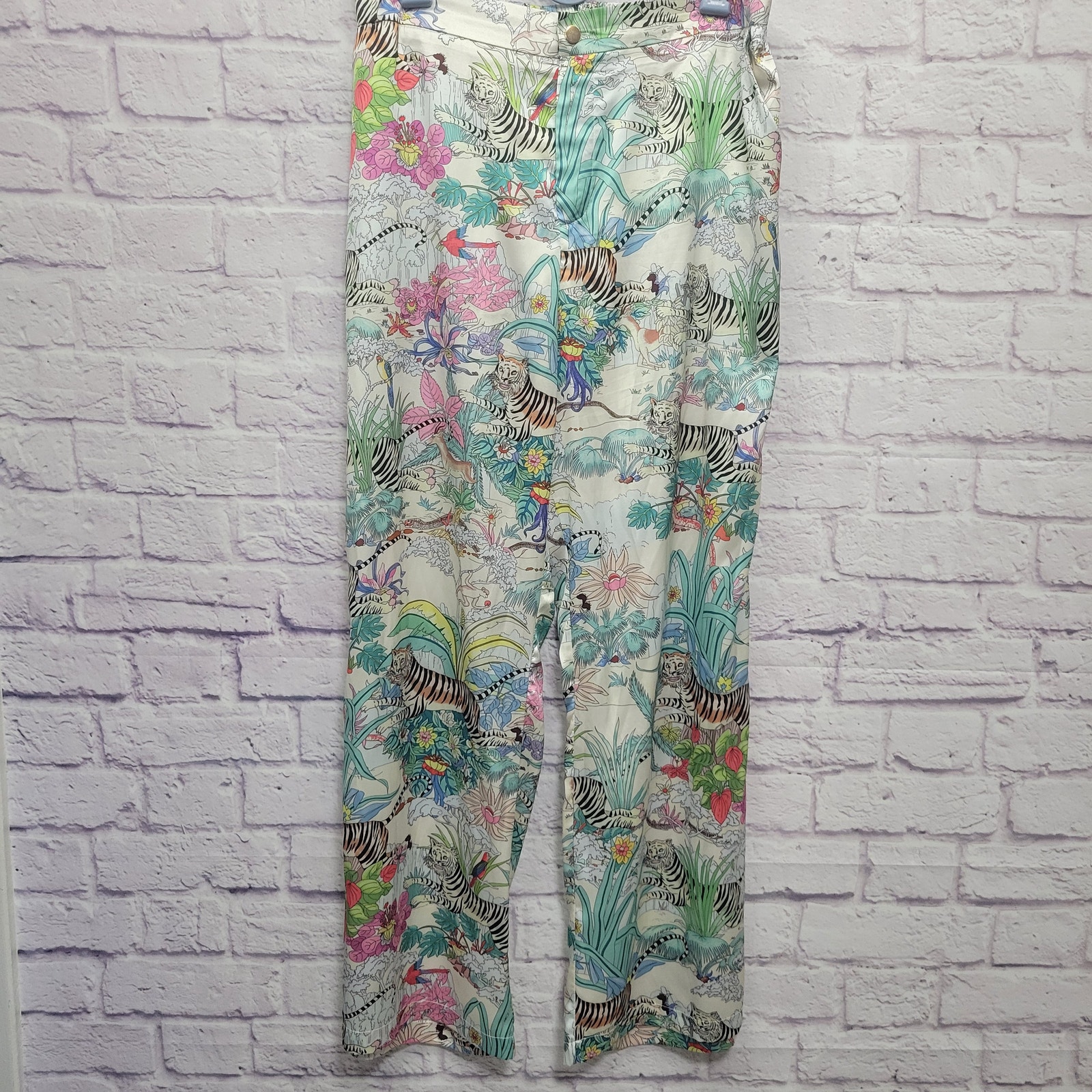Beulah Style Satin Jungle Pants Size L Bengal Tiger Floral Tropical Wide Leg