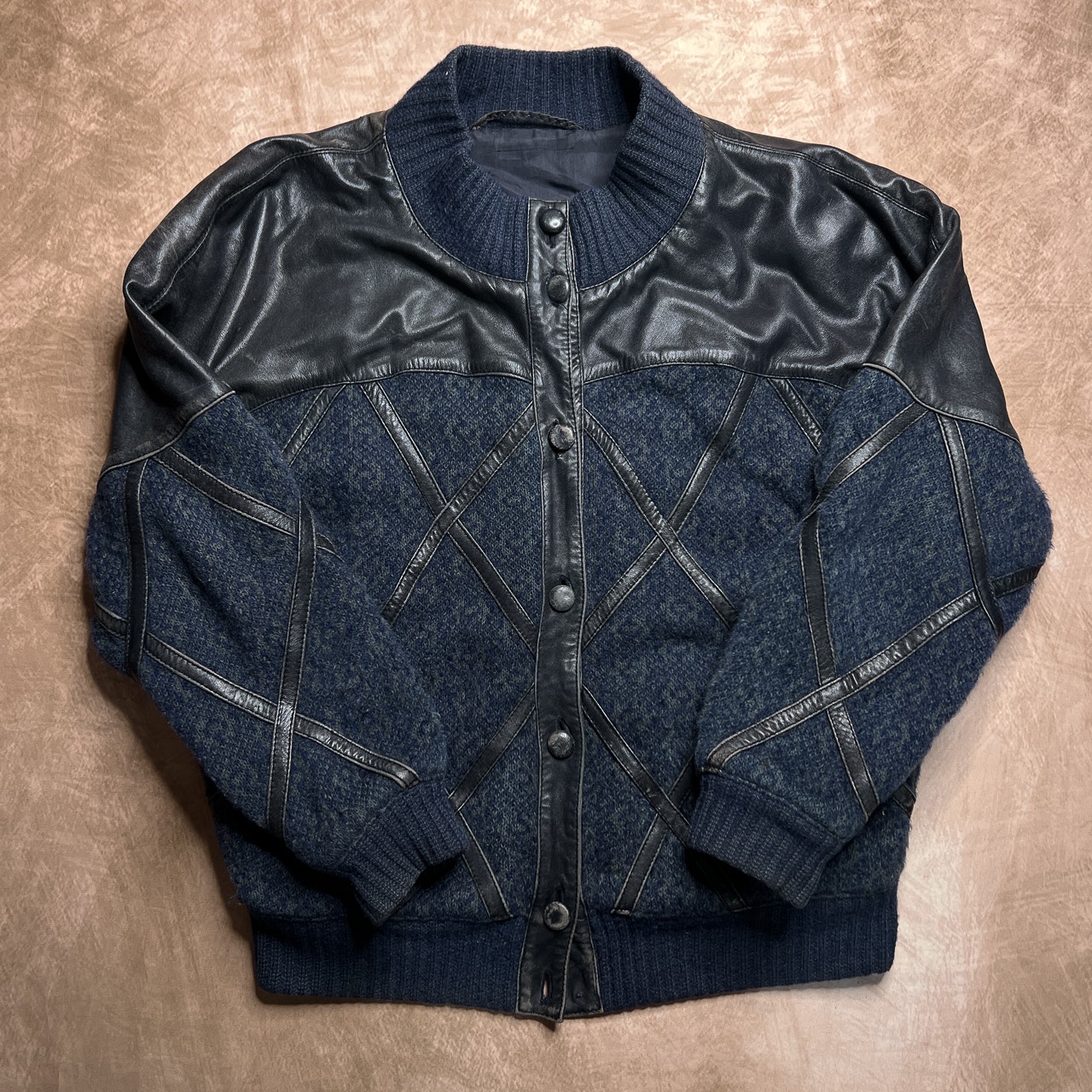 Vintage 80s Torras Leather Argyle Diamond Knit Bomber Jacket Mohair Wool Biker