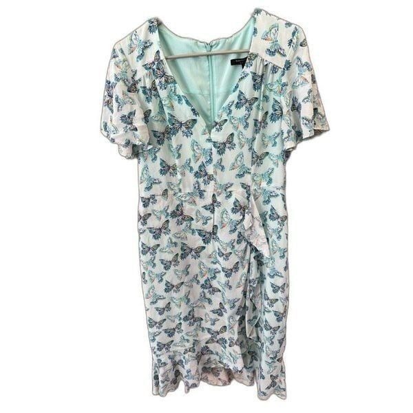 Nanette Lepore Women Mariposa Silk Butterfly Dress 10 V Neck aqua Lined Zip Slit