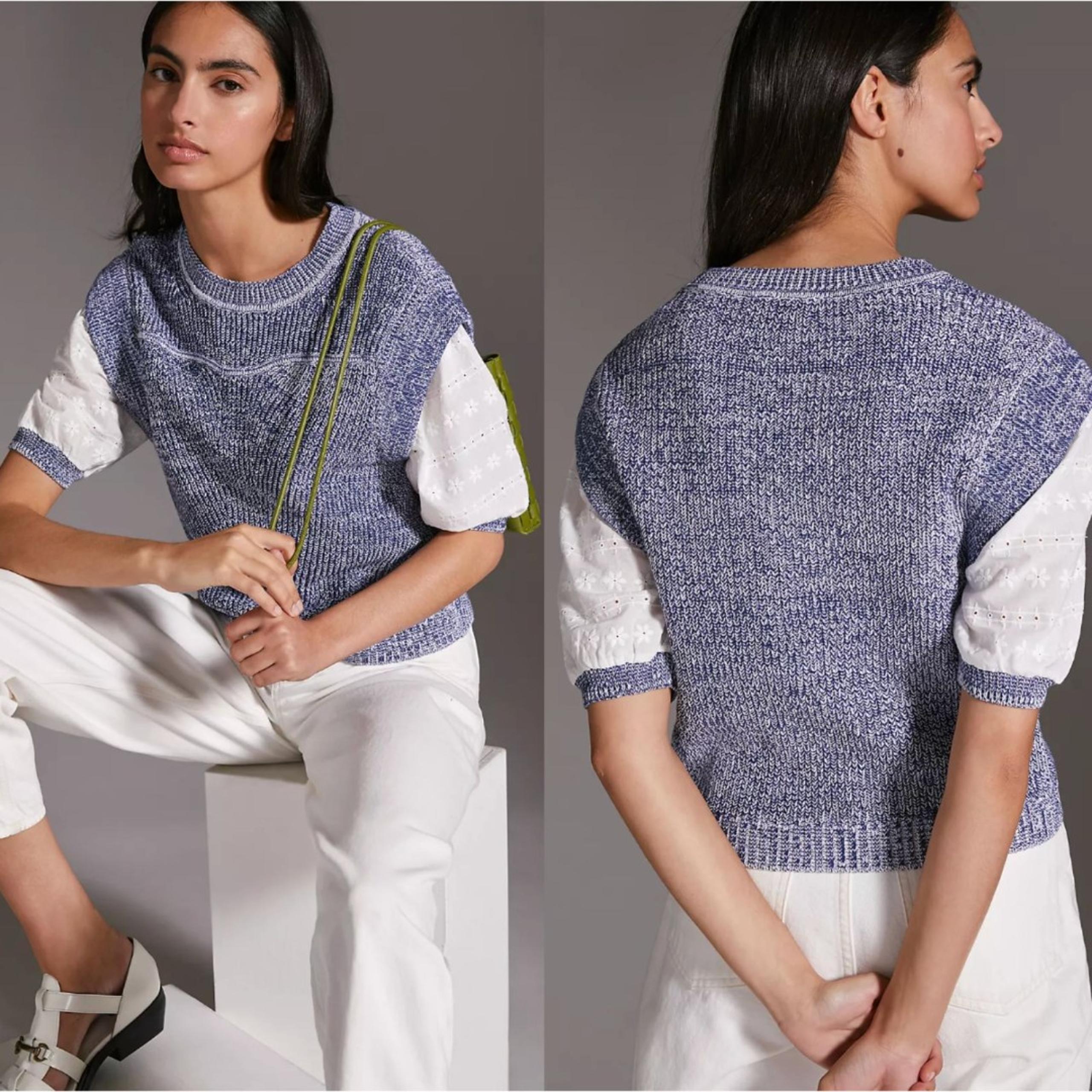 Anthropologie Womens Mixed Media Crewneck Sweater Vest Eyelet Sleeves Sz Medium