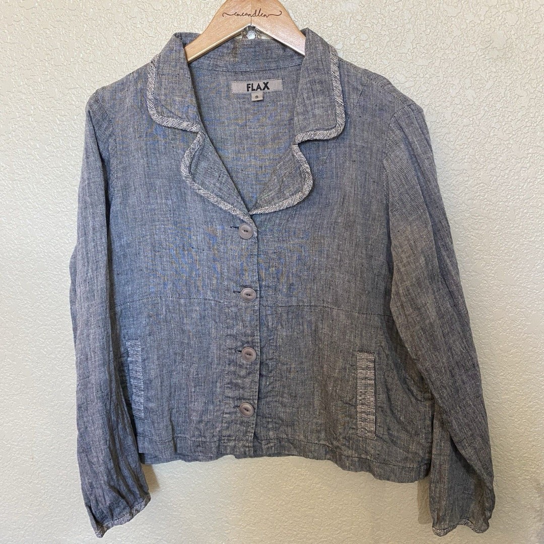 FLAX 100% Linen Jacket Blazer Coat Lagenlook Lightweight Pockets Small Blue