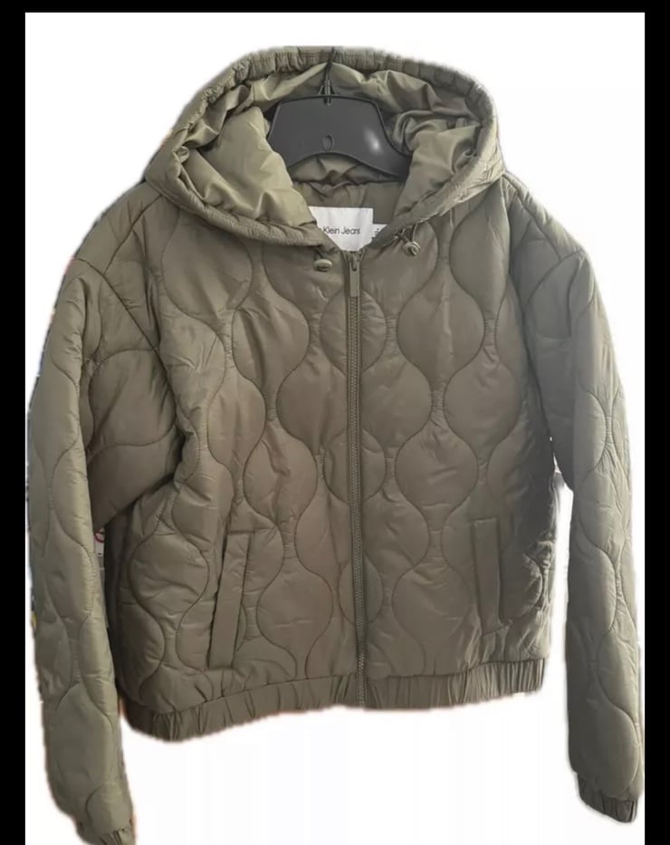 Calvin Klein Women's Hooded Quilted Puffer Jacket Green Water Resistant Size L