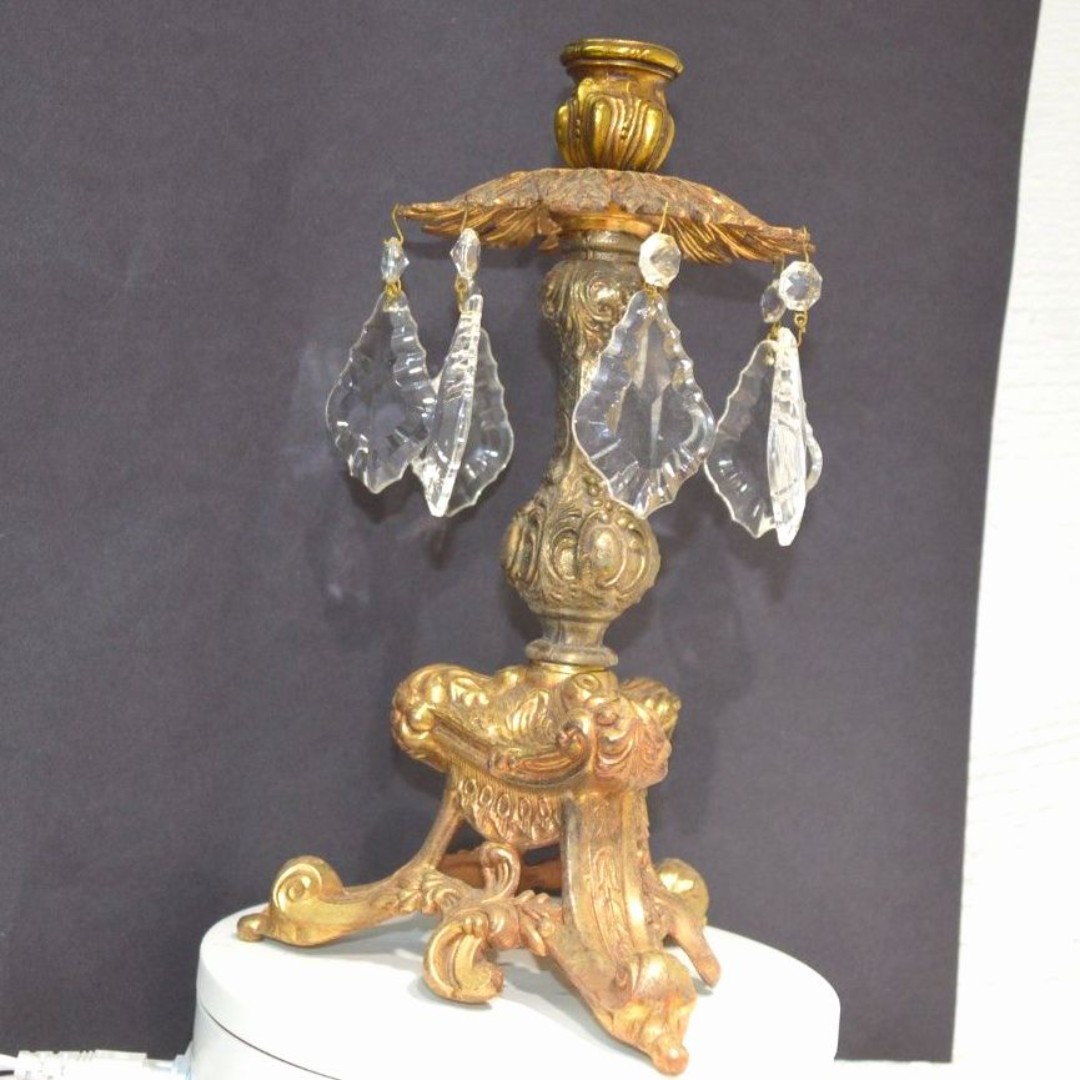 antique ornate brass and crystal prism candlestick holder 11 x 6.5 matched pair