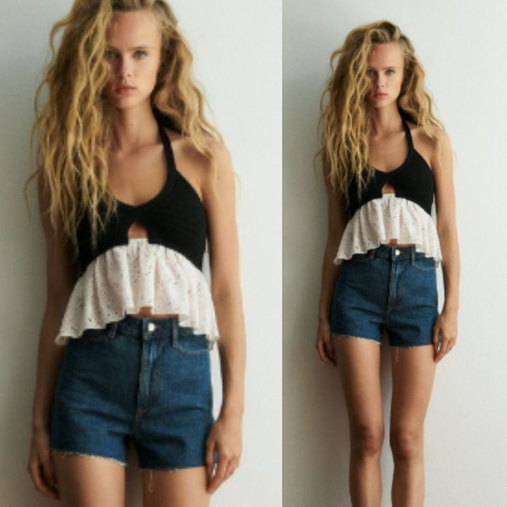 Zara Black and Cream Knit Eyelet Tank Top