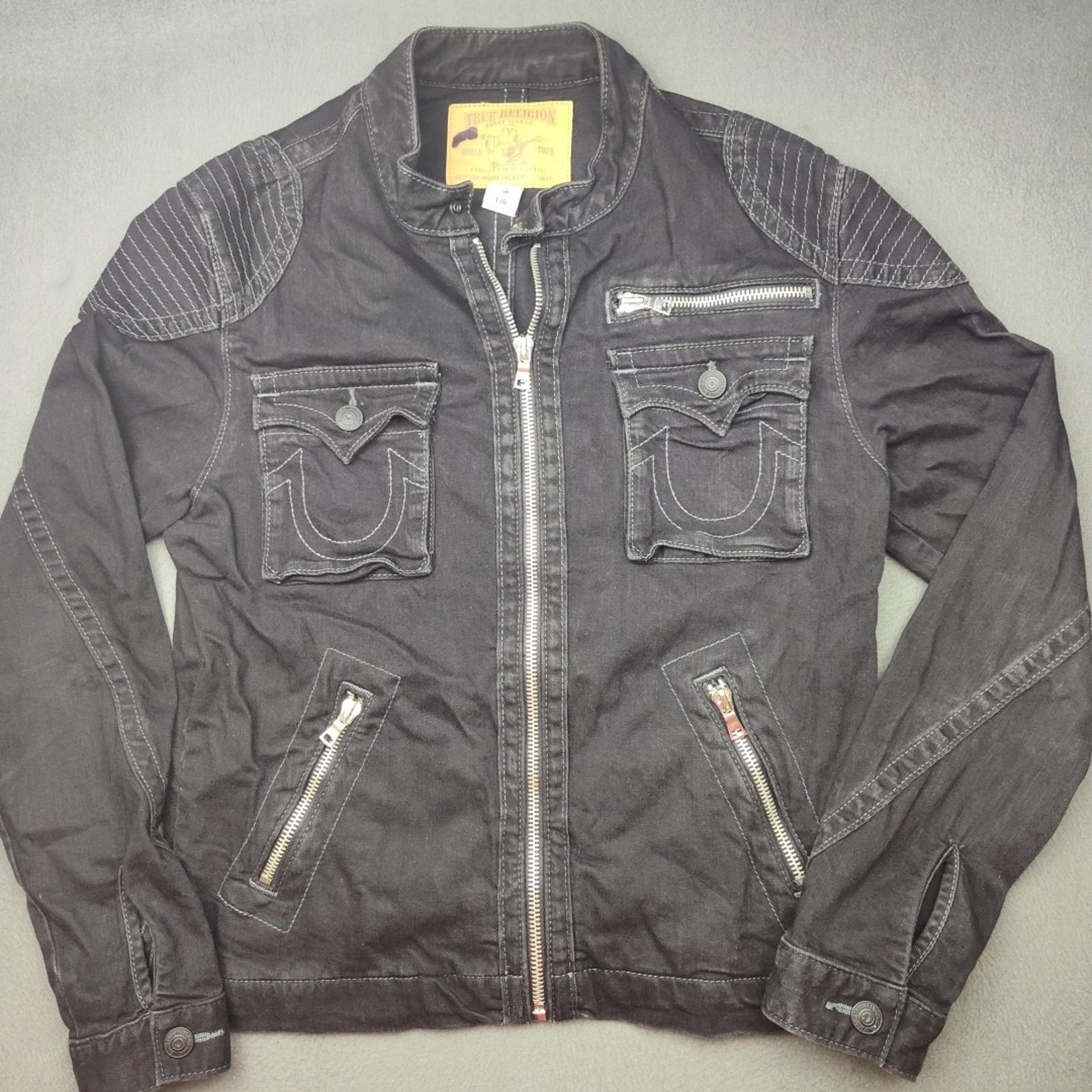 True Religion Jacket Mens Large Black Denim Jean Moto Zip Pockets Flap Trucker