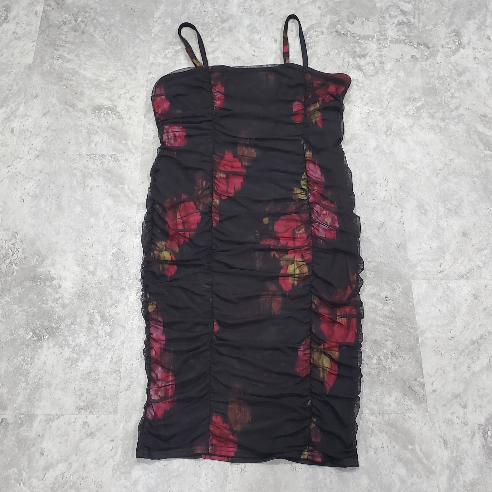 Womens Torrid Midi Mesh Shirred Bodycon Dress Black Floral Size 2