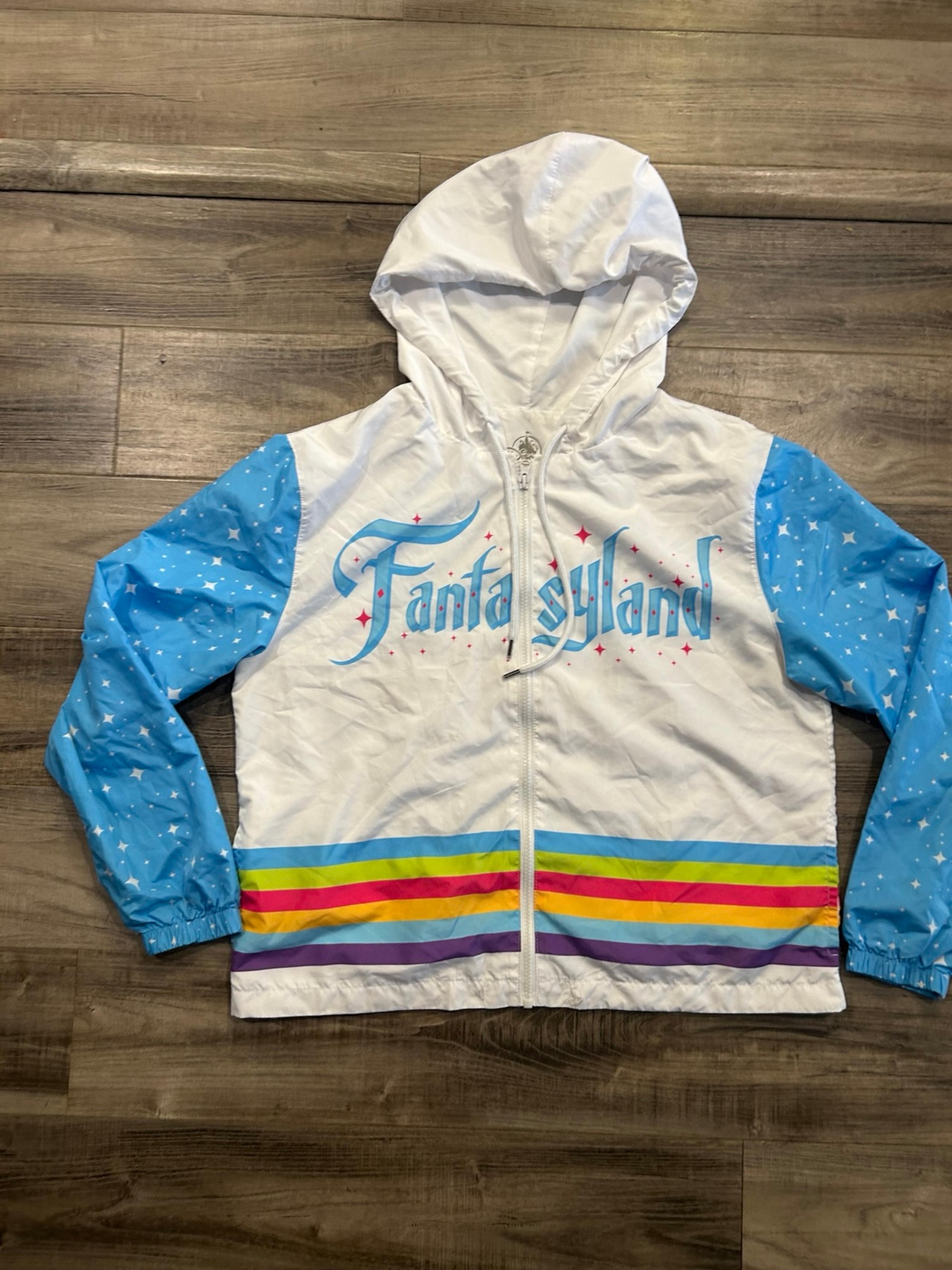 Disney Parks Women's Fantasyland Windbreaker Hooded Jacket Blue & Rainbow