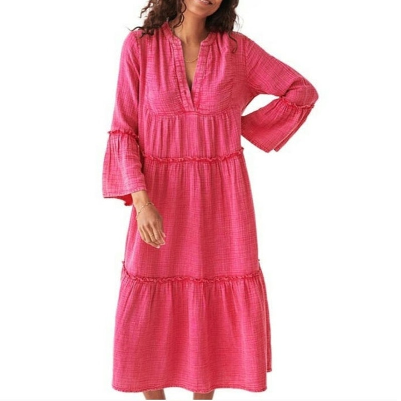 Faherty Size S Vida Organic Cotton Gauze Midi Dress Granita Pink Oversized Tiers