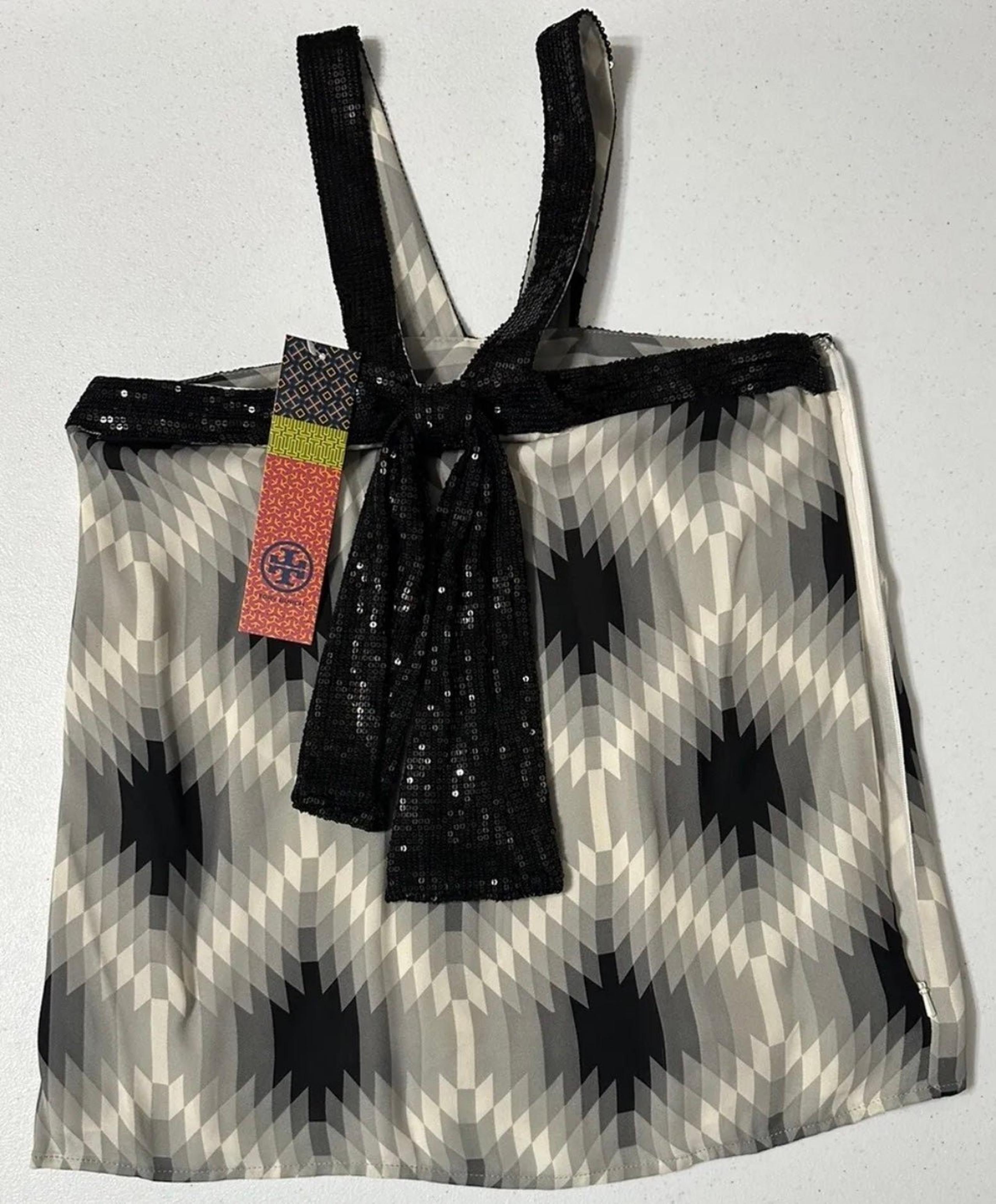 NWT Tory Burch Kate Print Betty Silk Sleeveless Lined Halter Top Sequins Bow 2